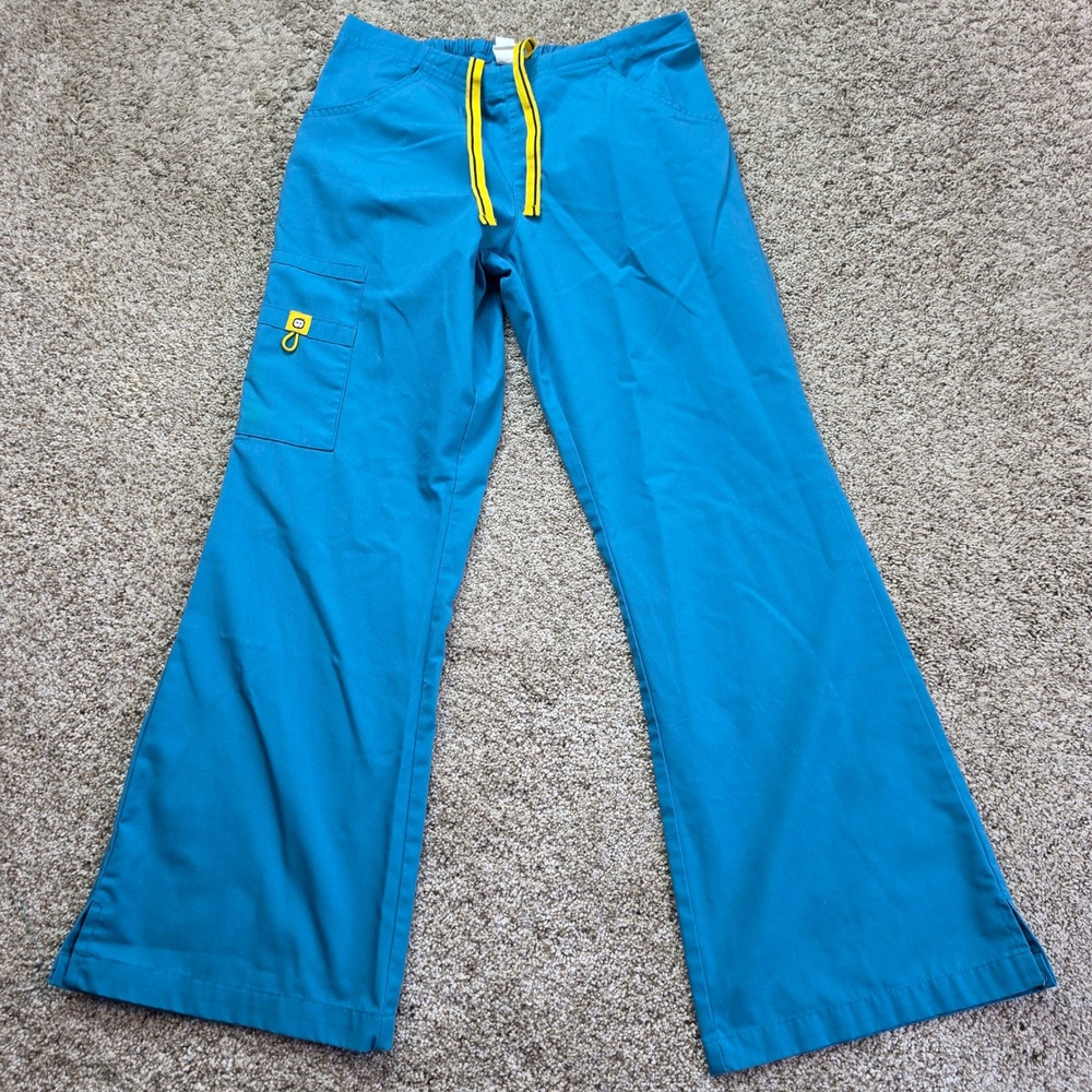 Spread Good Cheer! Smiley Face Scrub Pants Womens XSP Blue Flare Medical Uniform